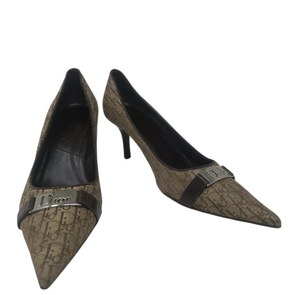 Christian Dior Brown Canvas Leather Monogram Logo Dior Plaque Heels Size 6 Y2K - Picture 1 of 15